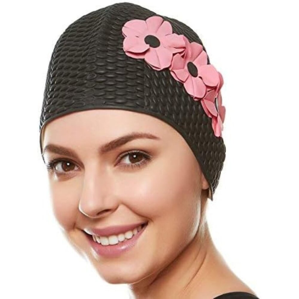 Beemo Latex Swimming Cap for Women Shield Hair from Damage - Black/ Pink Flowers